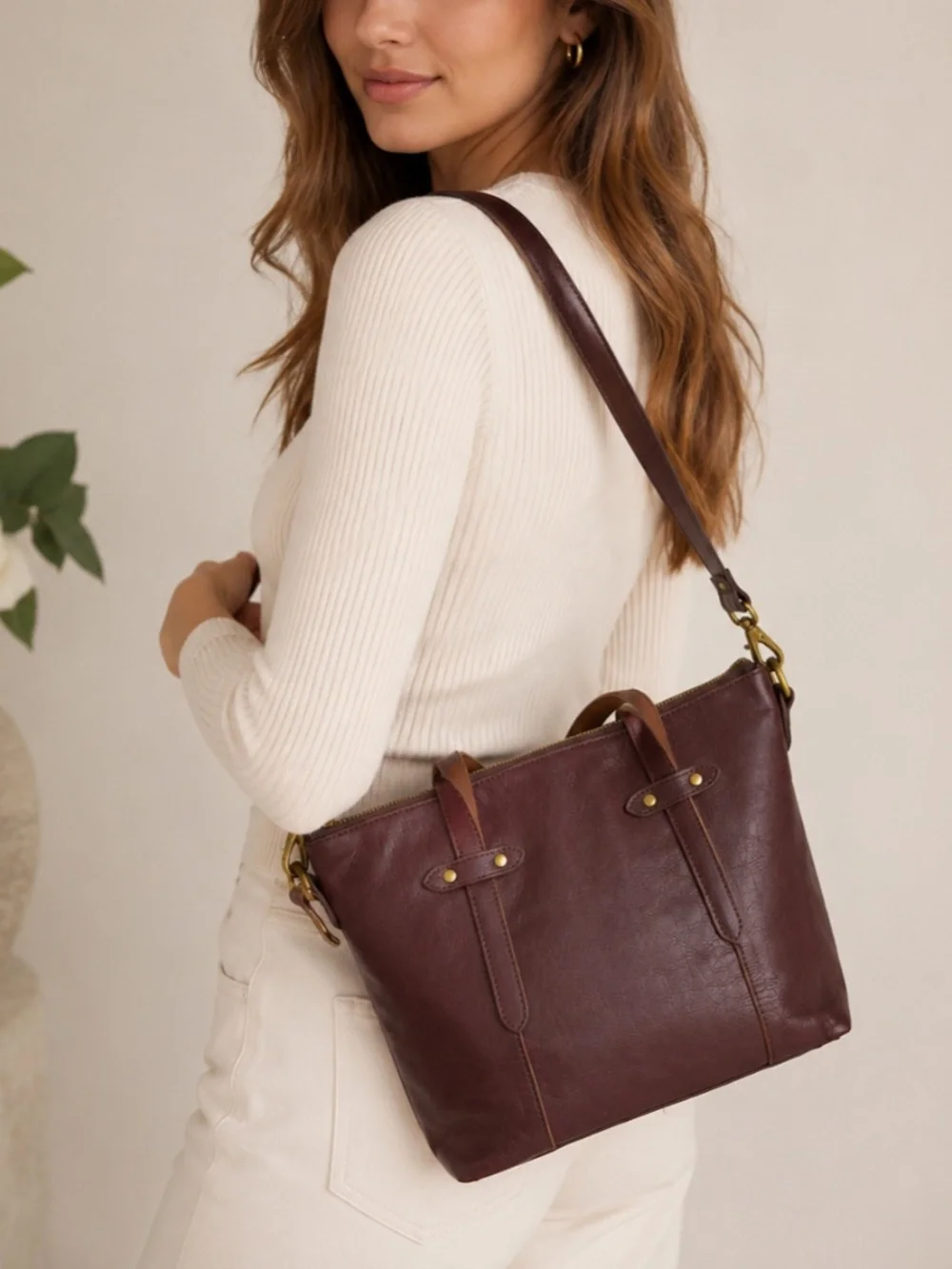 Fossil Felicity Bordeaux Leather Satchel Tote Bag Purse
